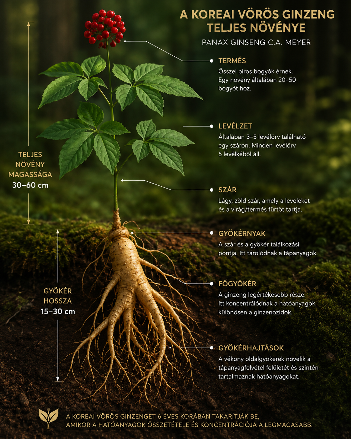A koreai vörös ginzeng (Panax ginseng C.A. Meyer) teljes növénye magyar feliratokkal: termés, levélzet, szár, gyökérnyak, főgyökér, gyökérhajtások