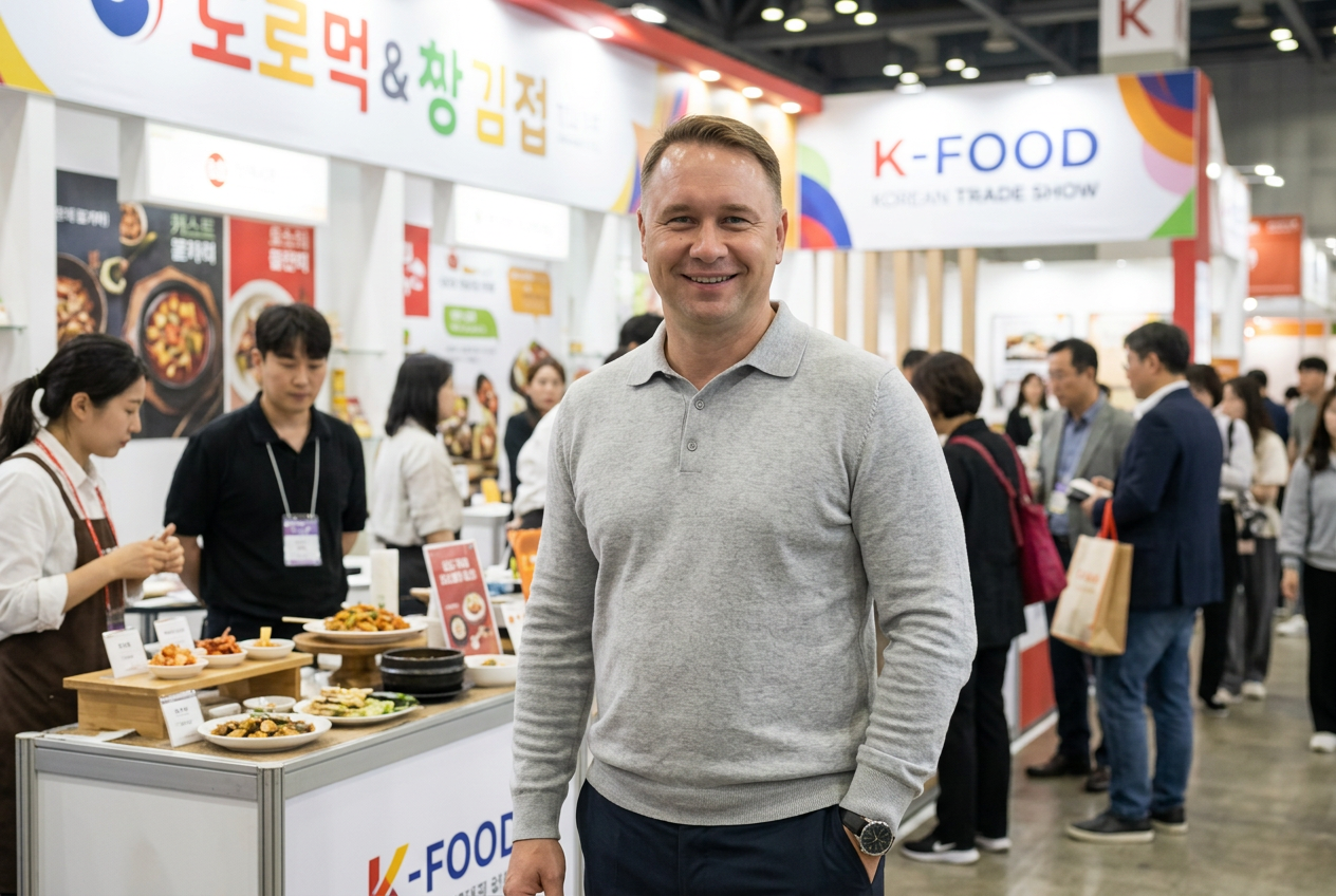 Molnár Botond egy koreai K-FOOD élelmiszer-kiállításon, koreai gyártókkal