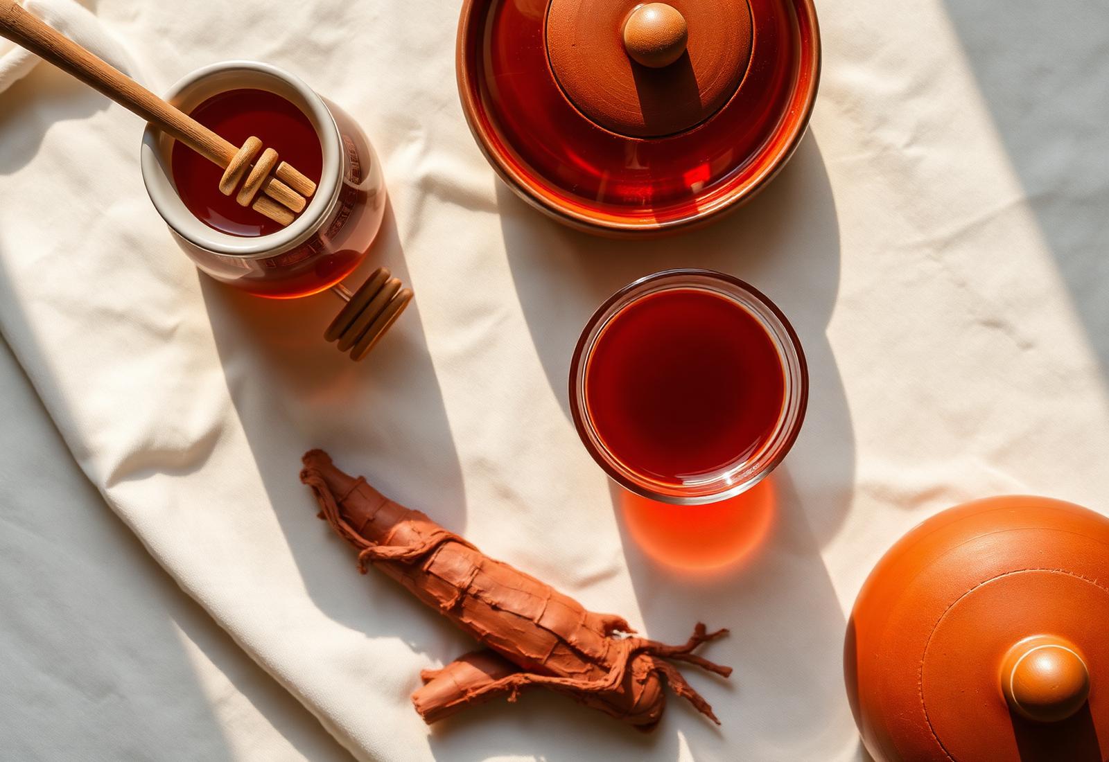 Koreai vörös ginzeng tea, méz és gyökér flat lay